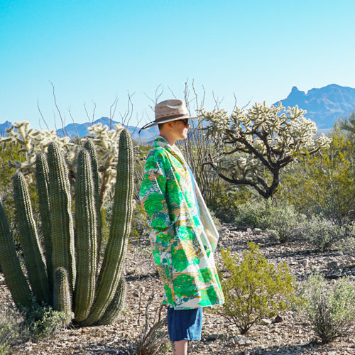 DUSTER: hand dyed black linen/cotton printed with purple and faint red