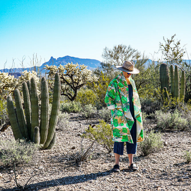 DUSTER: hand dyed black linen/cotton printed with purple and faint red
