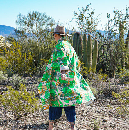 DUSTER: hand dyed black linen/cotton printed with purple and faint red