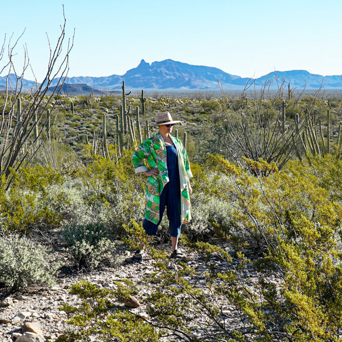 DUSTER: hand dyed black linen/cotton printed with purple and faint red