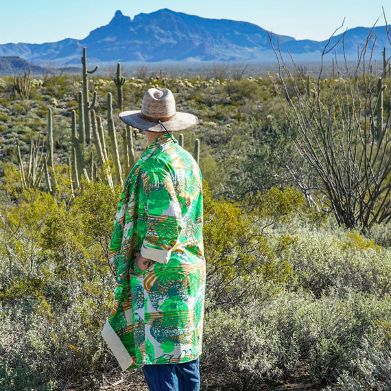 DUSTER: hand dyed black linen/cotton printed with purple and faint red