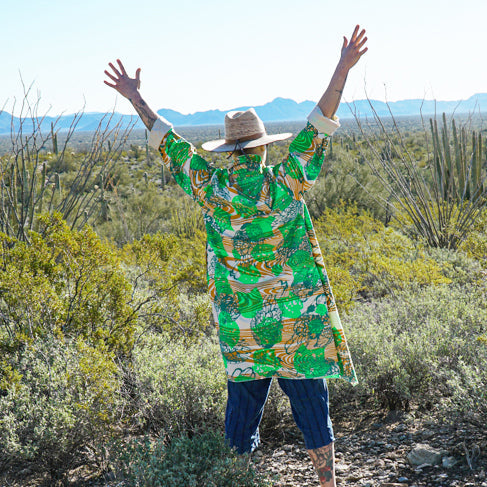 DUSTER: hand dyed black linen/cotton printed with purple and faint red