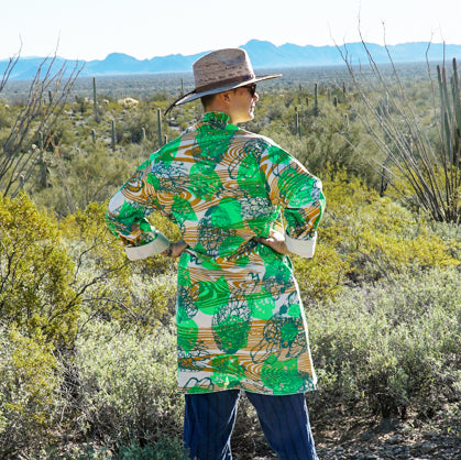 DUSTER: neutral cotton printed green, teal, mustard
