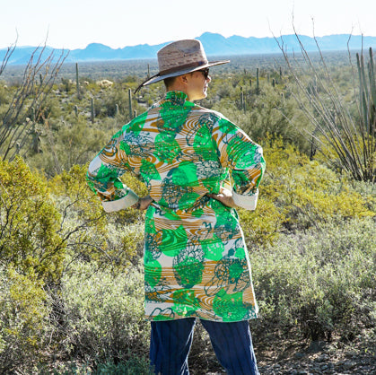 DUSTER: hand dyed black linen/cotton printed with purple and faint red