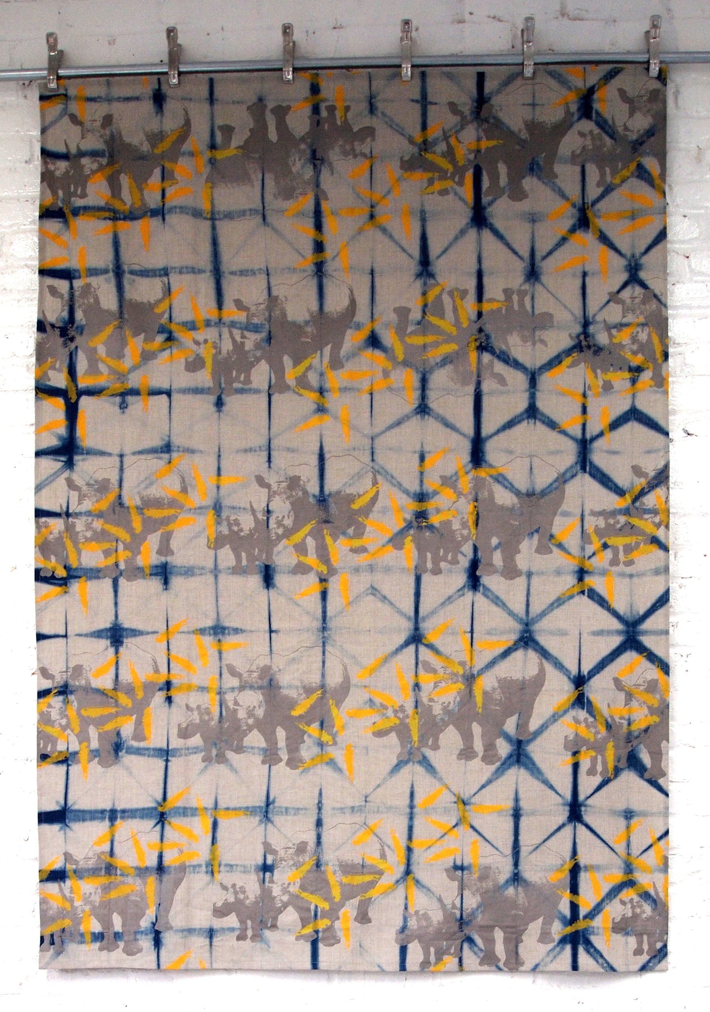 Indigo Dyed Linen with Printed Rhinos and Islands