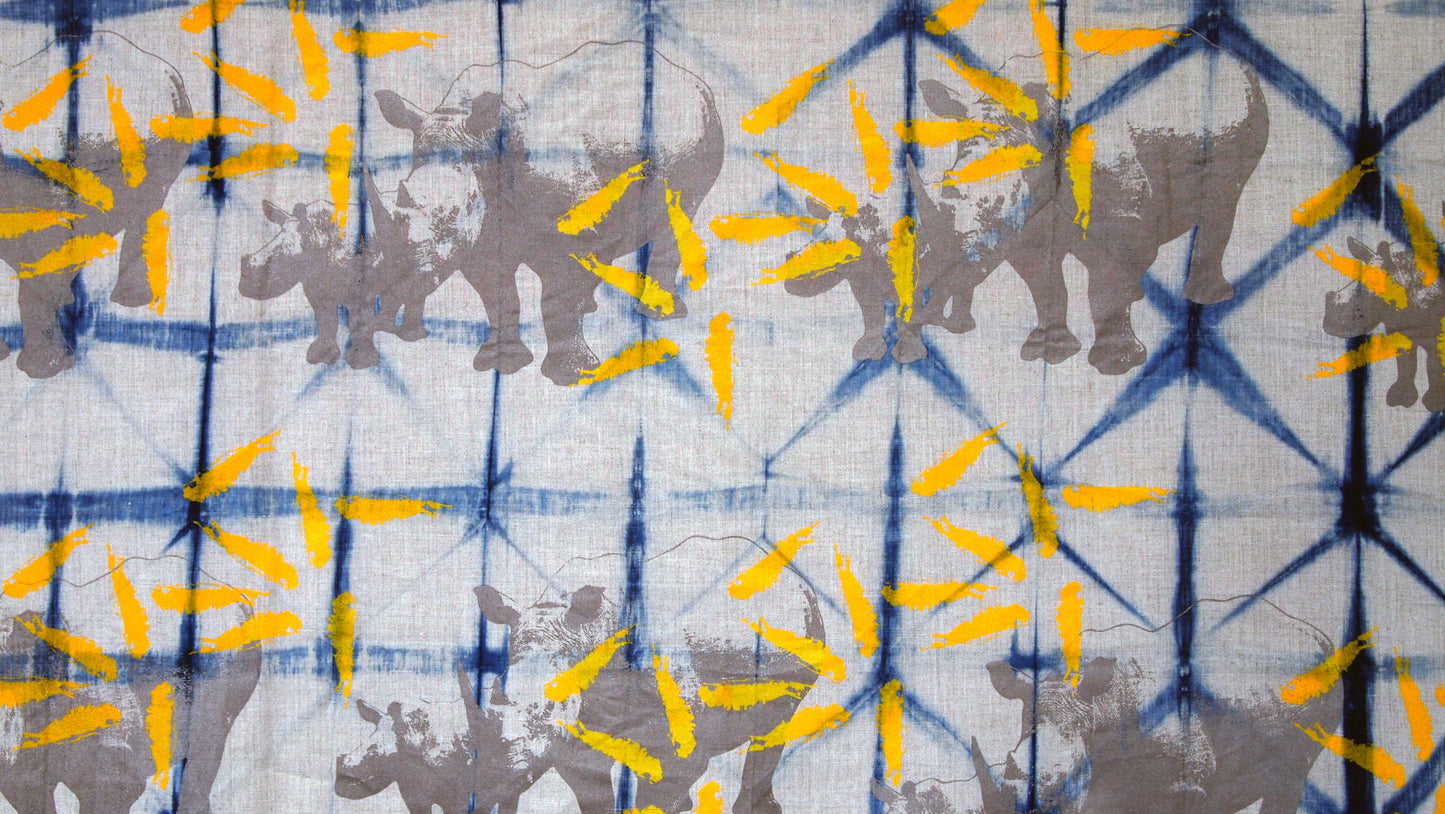 Indigo Dyed Linen with Printed Rhinos and Islands