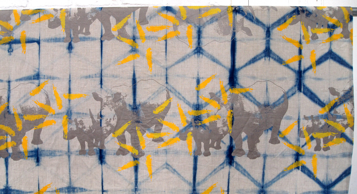 Indigo Dyed Linen with Printed Rhinos and Islands