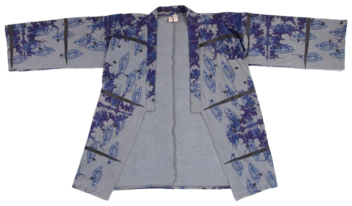 Grey Jersey Knit Kimono Style Wrap with Purple Mandelbrot