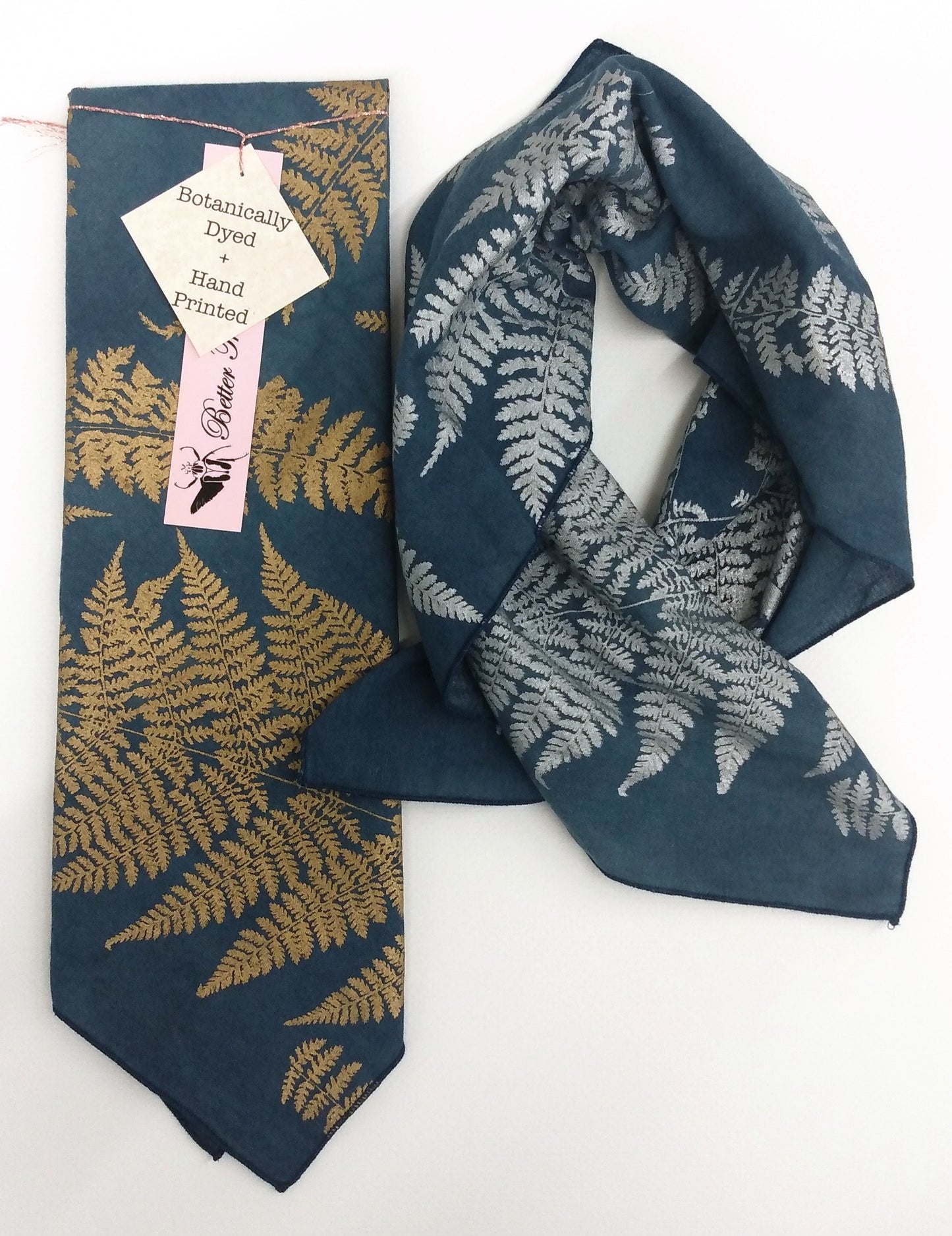 Indigo Dyed cotton Fern printed Bandana Scarves