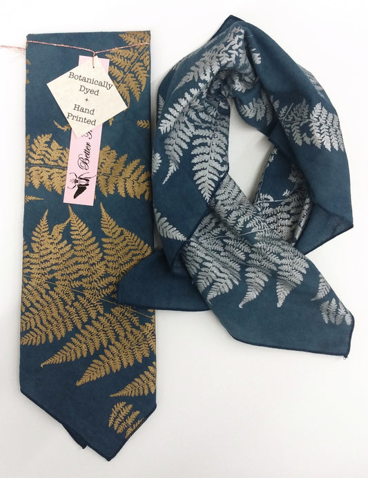 Indigo Dyed cotton Fern printed Bandana Scarves
