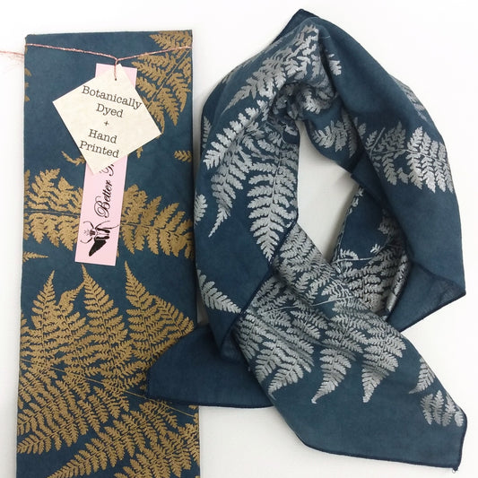 Indigo Dyed cotton Fern printed Bandana Scarves