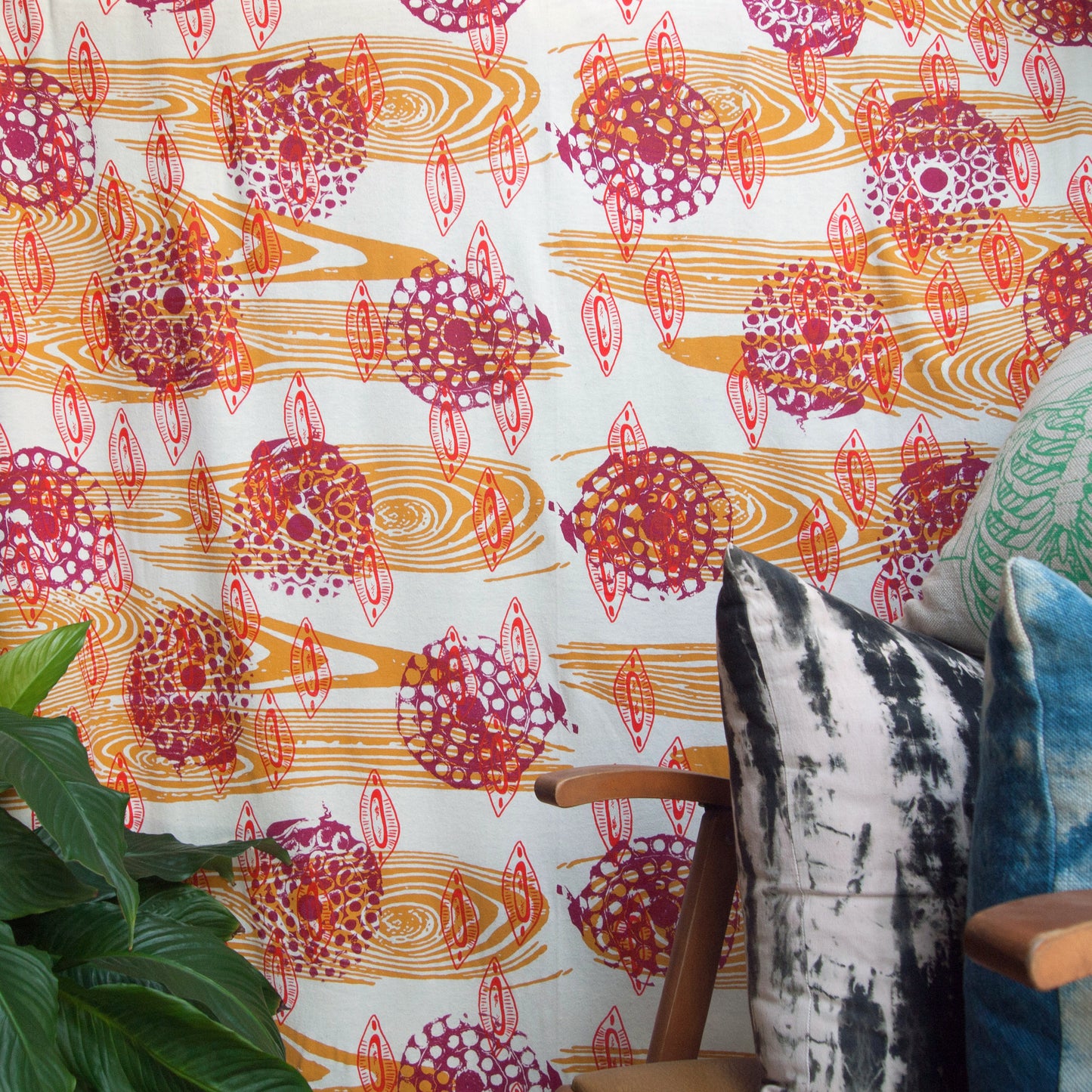 Hand Screenprinted Bamboo Hemp Jersey by Yard // Mustard Yellow, Magenta, Scarlet Red