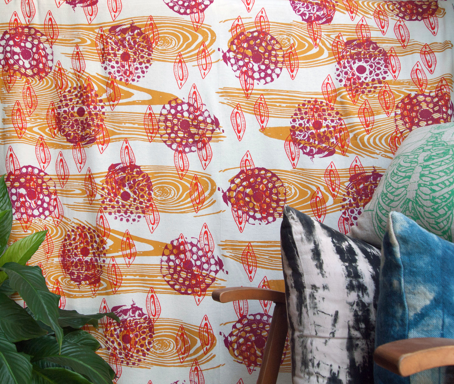 Hand Screenprinted Bamboo Hemp Jersey by Yard // Mustard Yellow, Magenta, Scarlet Red