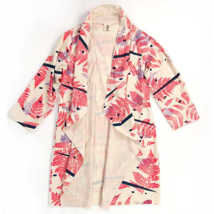 DUSTER: neutral cotton printed red, navy, purple