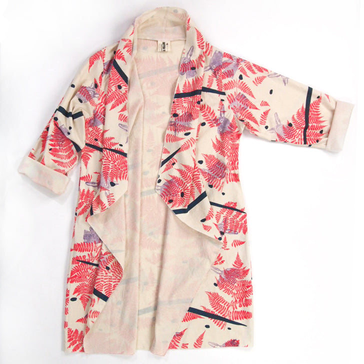 DUSTER: neutral cotton printed red, navy, purple