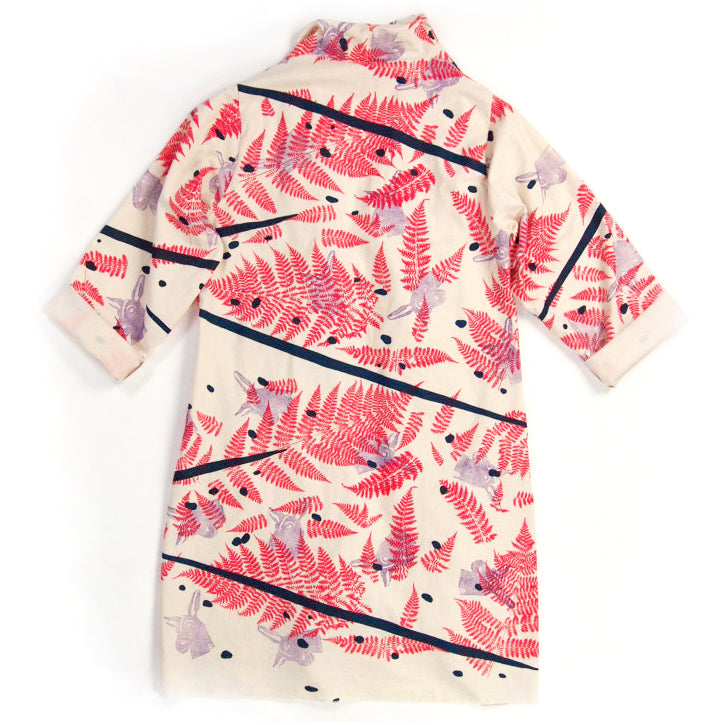 DUSTER: neutral cotton printed red, navy, purple