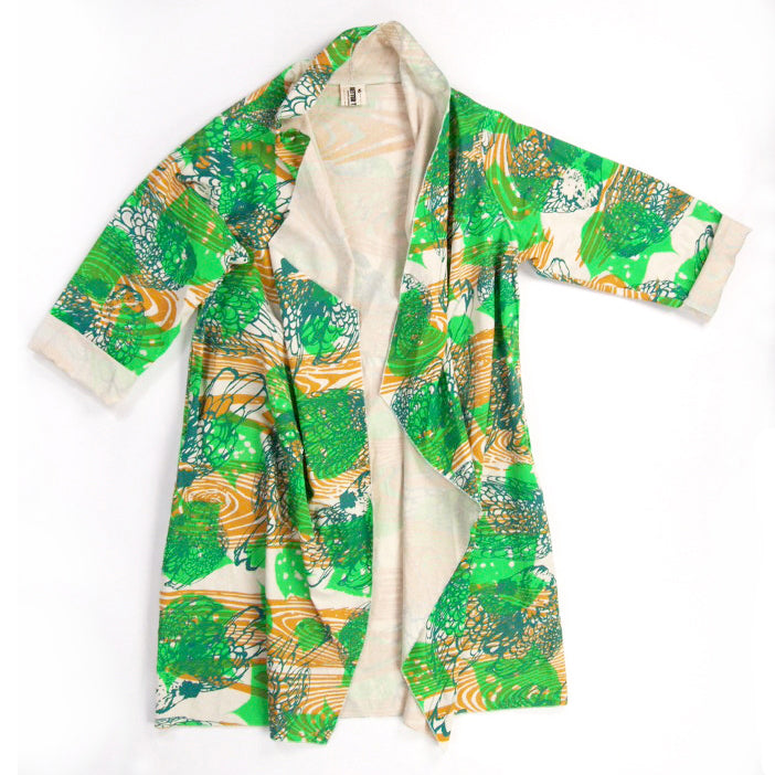 DUSTER: neutral cotton printed green, teal, mustard