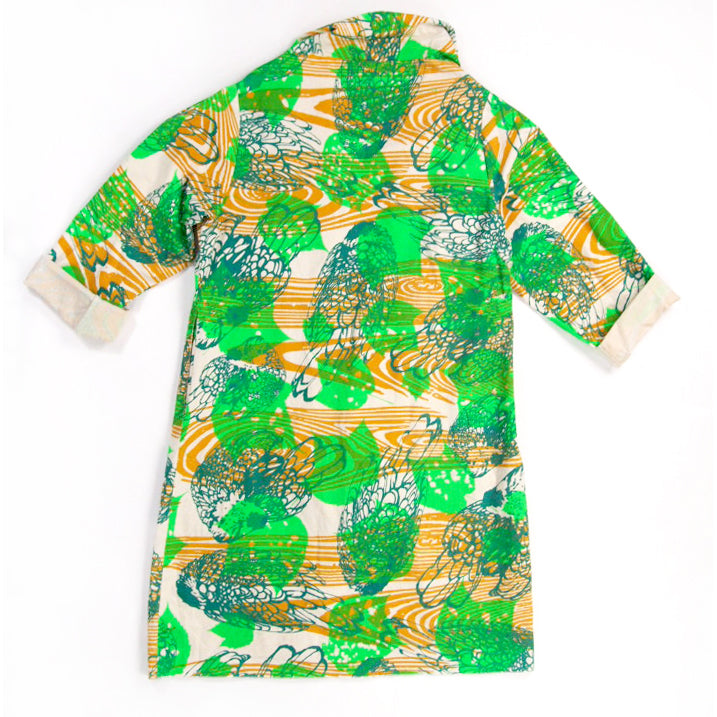 DUSTER: neutral cotton printed green, teal, mustard