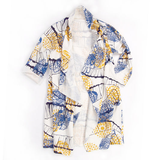 DUSTER: white linen cotton printed ochre yellow, navy, periwinkle