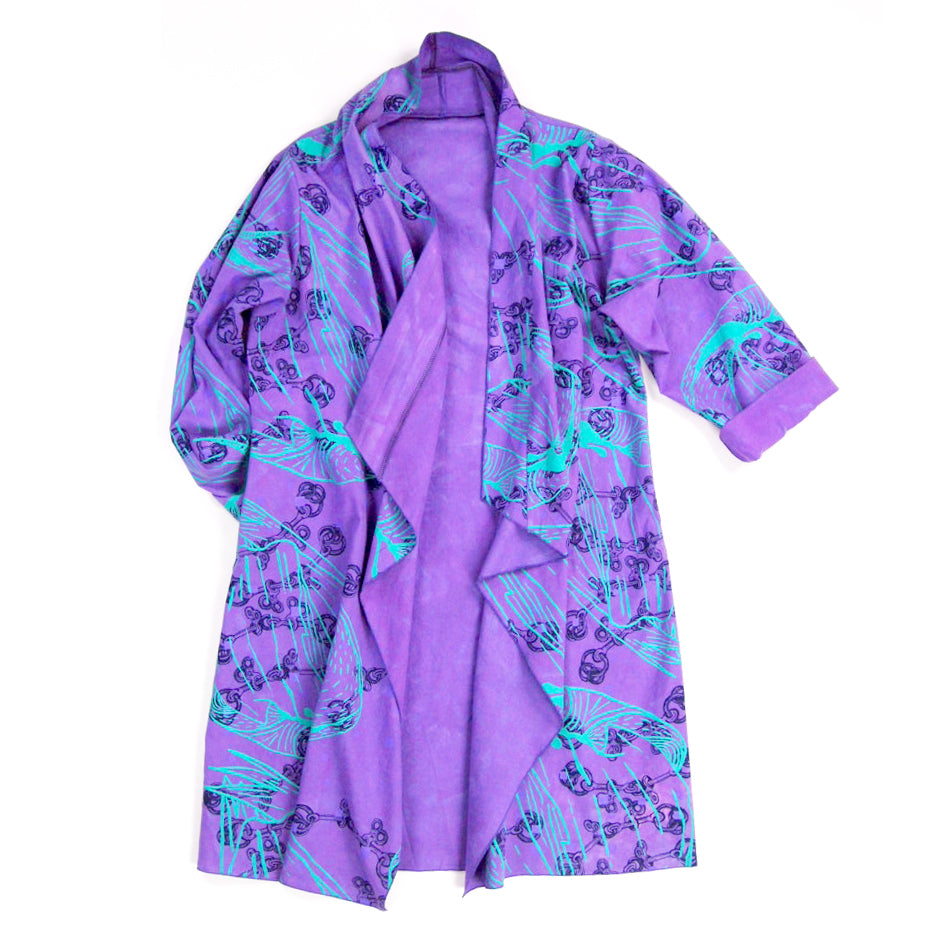 DUSTER: purple linen cotton printed red, navy, purple
