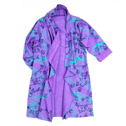 DUSTER: purple linen cotton printed red, navy, purple