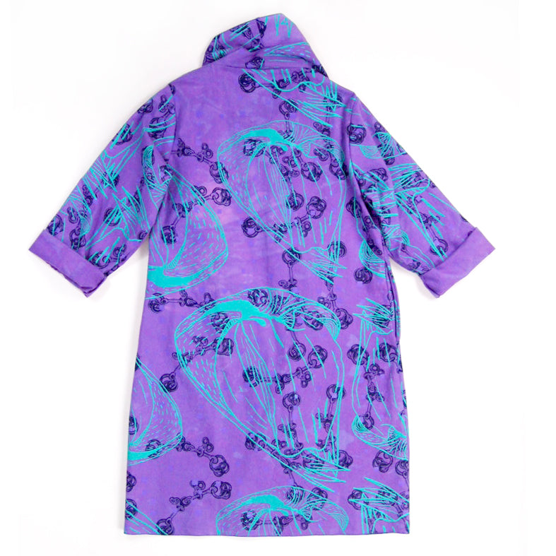 DUSTER: purple linen cotton printed red, navy, purple