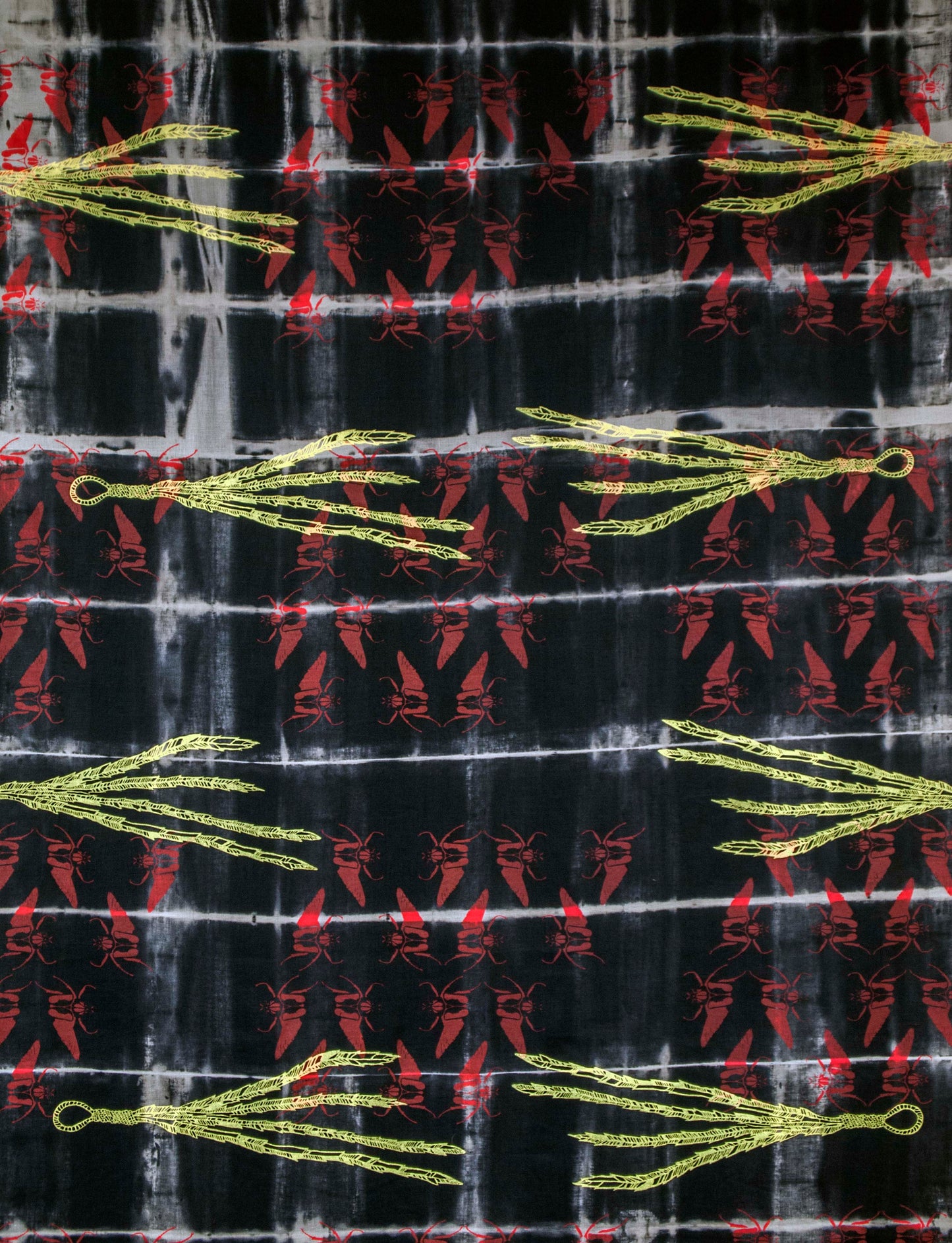 Black Linen Anti Shibori Dyed Printed with Goliath Beetles and Feather Rings