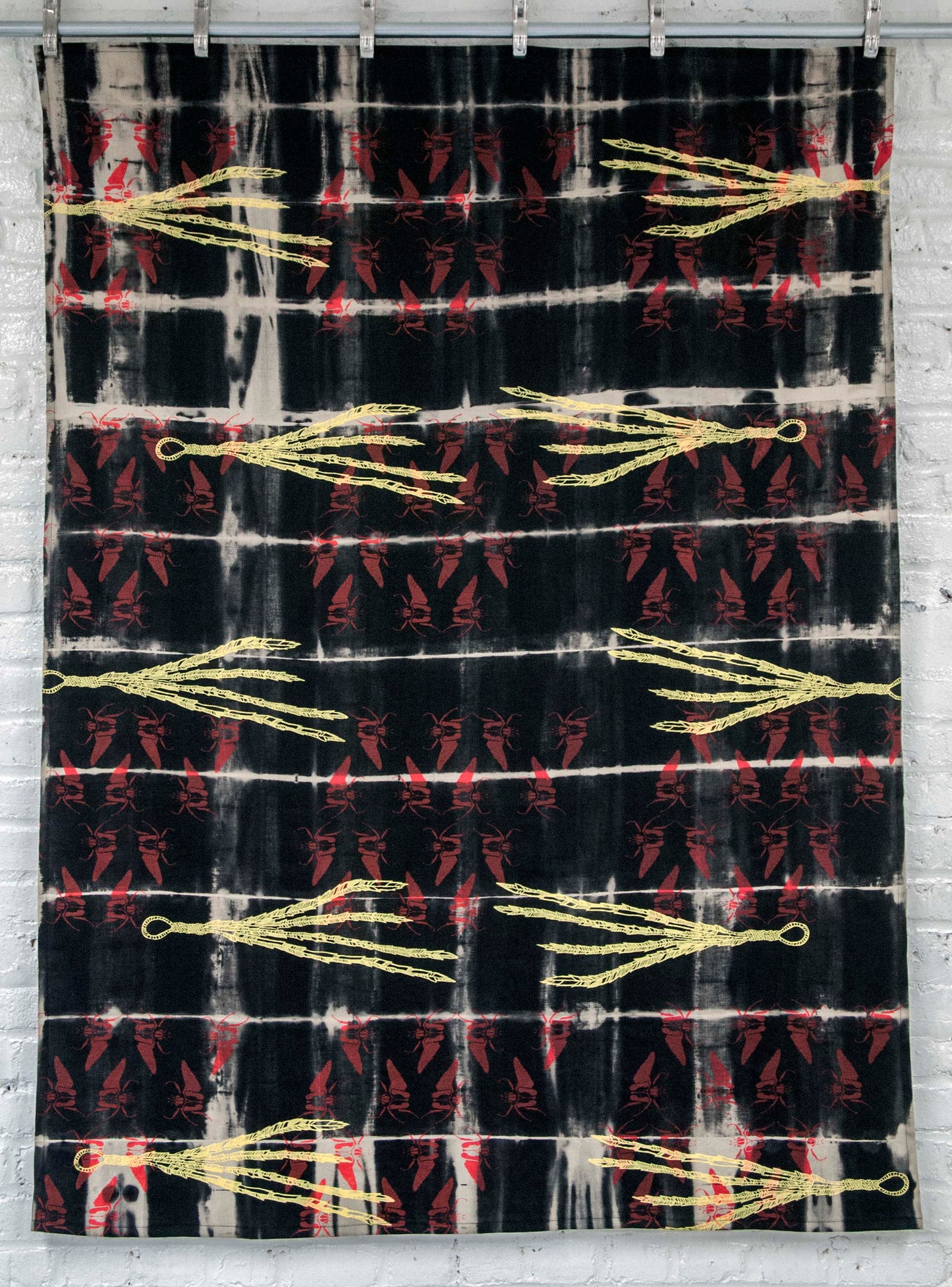 Black Linen Anti Shibori Dyed Printed with Goliath Beetles and Feather Rings