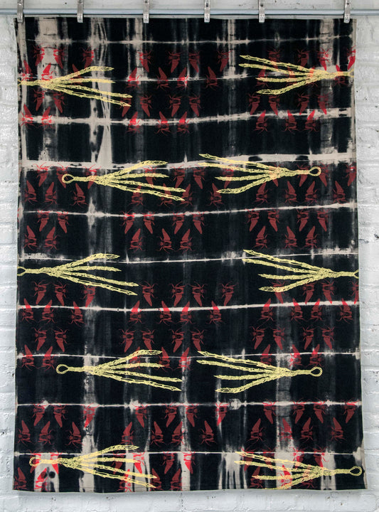 Black Linen Anti Shibori Dyed Printed with Goliath Beetles and Feather Rings