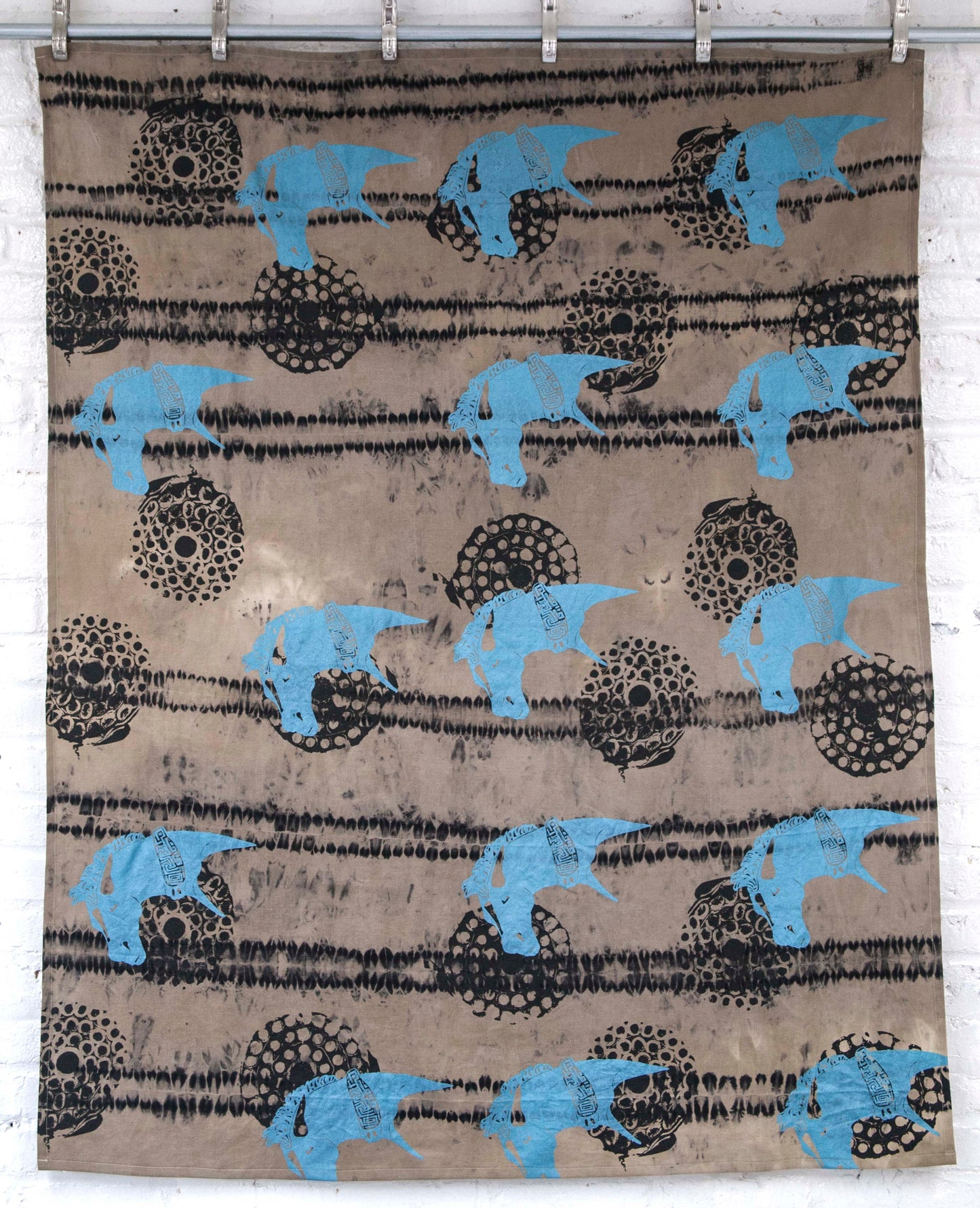 Black Linen Anti Shibori Dyed Printed with Horses and Firework Remnants
