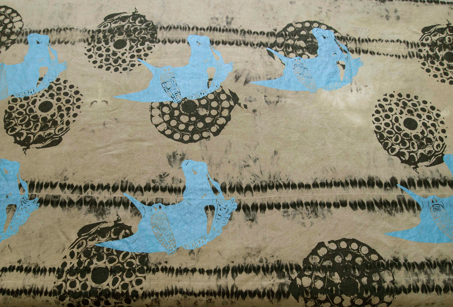 Black Linen Anti Shibori Dyed Printed with Horses and Firework Remnants