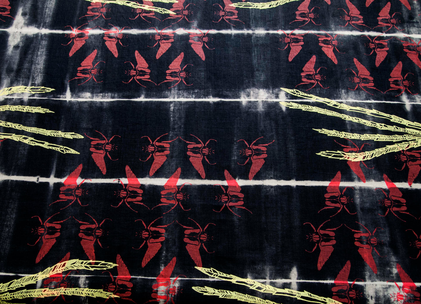 Black Linen Anti Shibori Dyed Printed with Goliath Beetles and Feather Rings