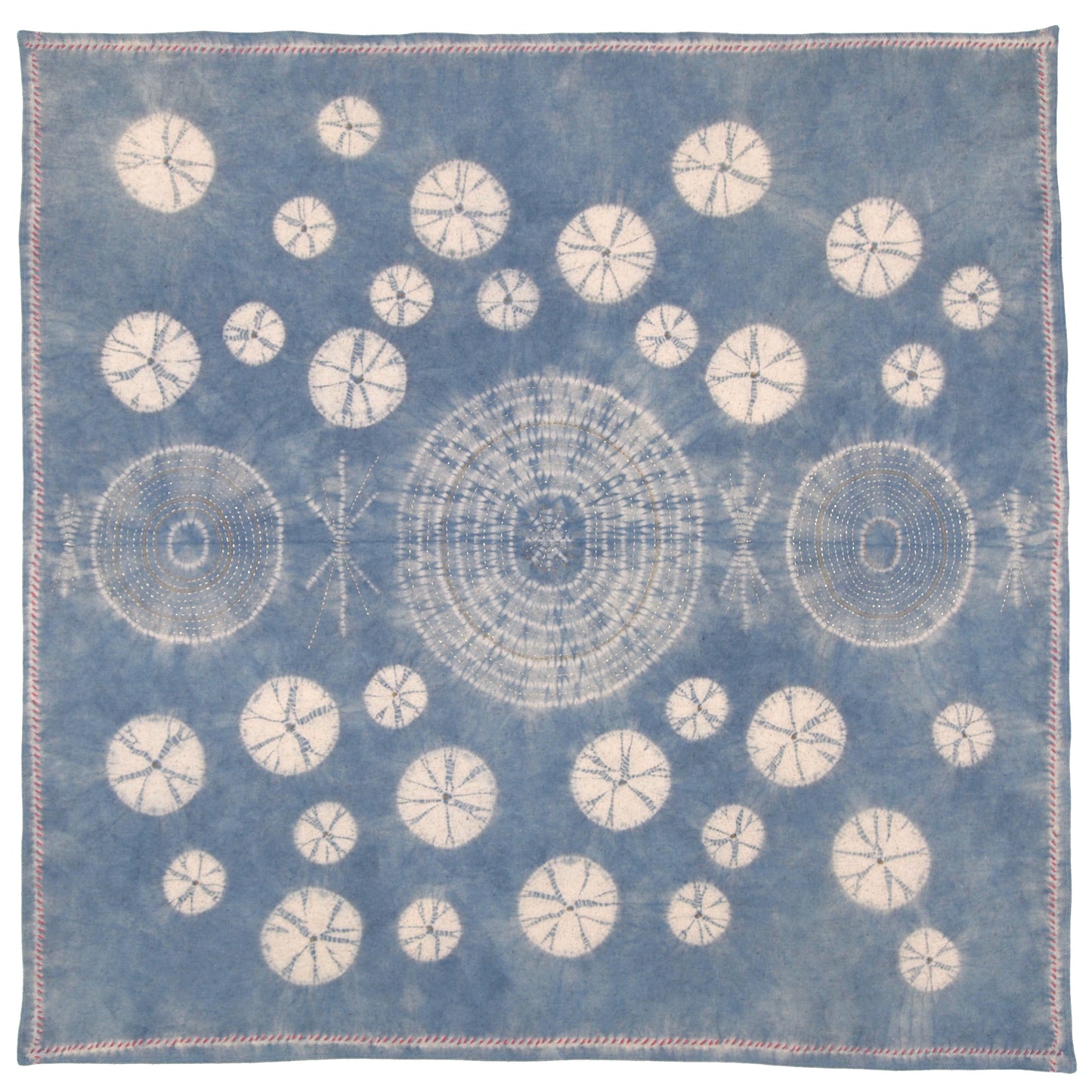 Stitching Resist Shibori + Embroidered Fabric; Pale Blue Bubbles
