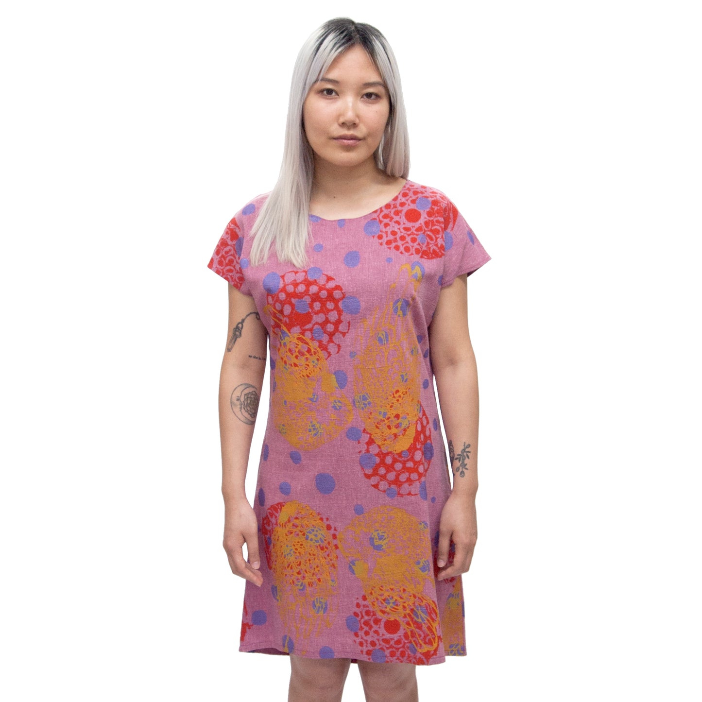 Silk Blend Shift Dress // Cochineal Pink with Polka Dots