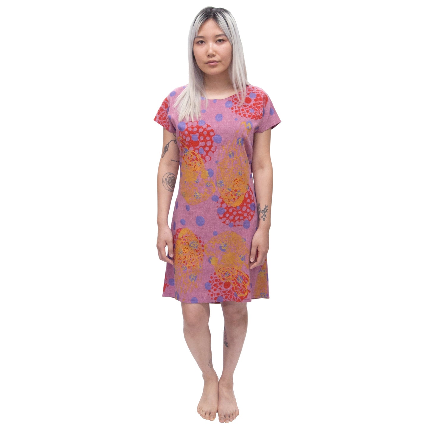 Indigo Dyed Linen Shift Dress with bellflowers, goliath beetles, and polka dots