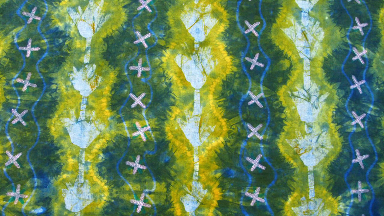 33" x 52.5" Yellow Green Blue Linen Table Runner with Wax and Ink Print