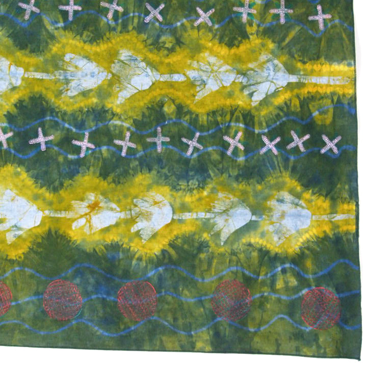 33" x 52.5" Yellow Green Blue Linen Table Runner with Wax and Ink Print