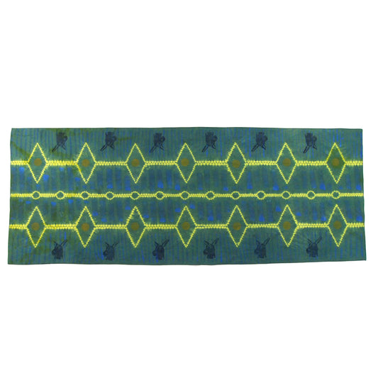 27" x 69" Chartreuse Green Blue Linen Table Runner with Wax and Ink Print
