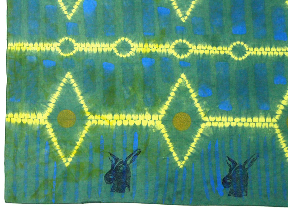 27" x 69" Chartreuse Green Blue Linen Table Runner with Wax and Ink Print