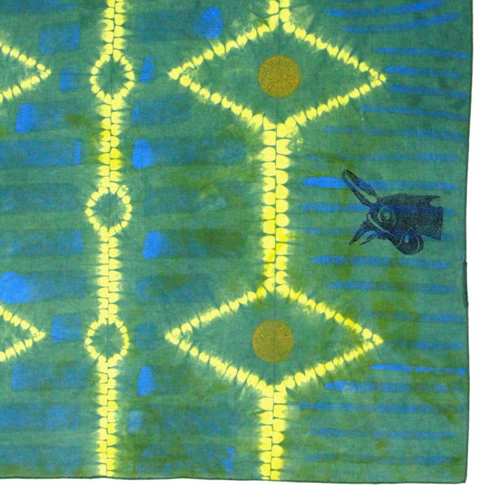 27" x 69" Chartreuse Green Blue Linen Table Runner with Wax and Ink Print