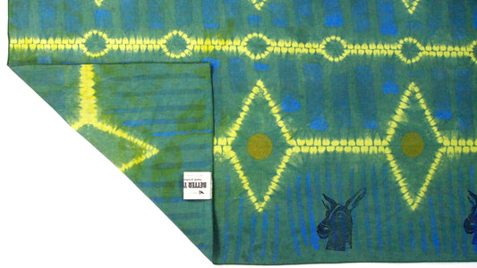 27" x 69" Chartreuse Green Blue Linen Table Runner with Wax and Ink Print