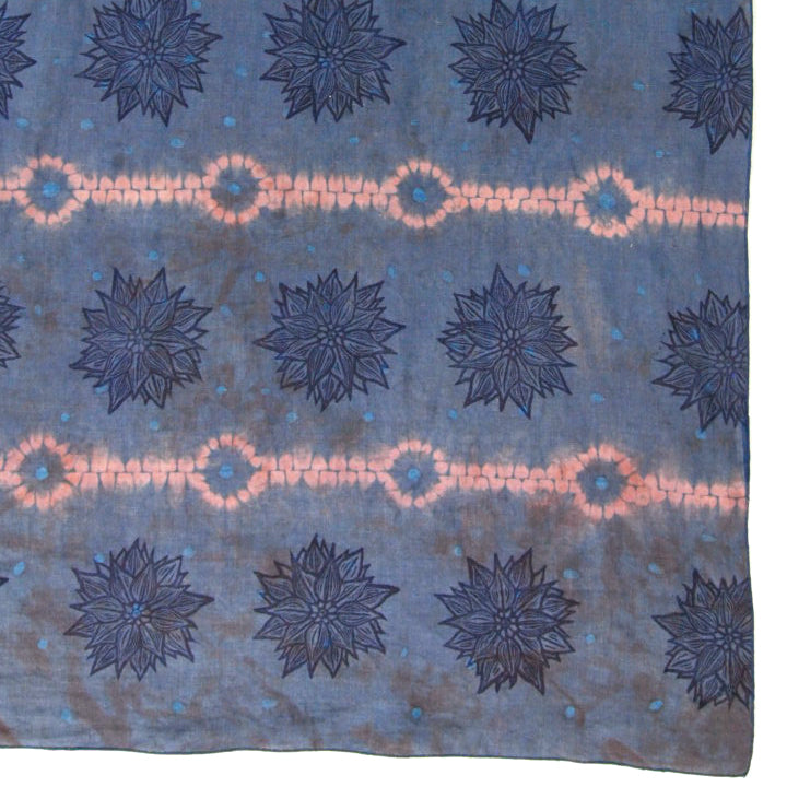 35.5" x 55"  Rose and Blue Linen Table Runner with Wax and Ink Print