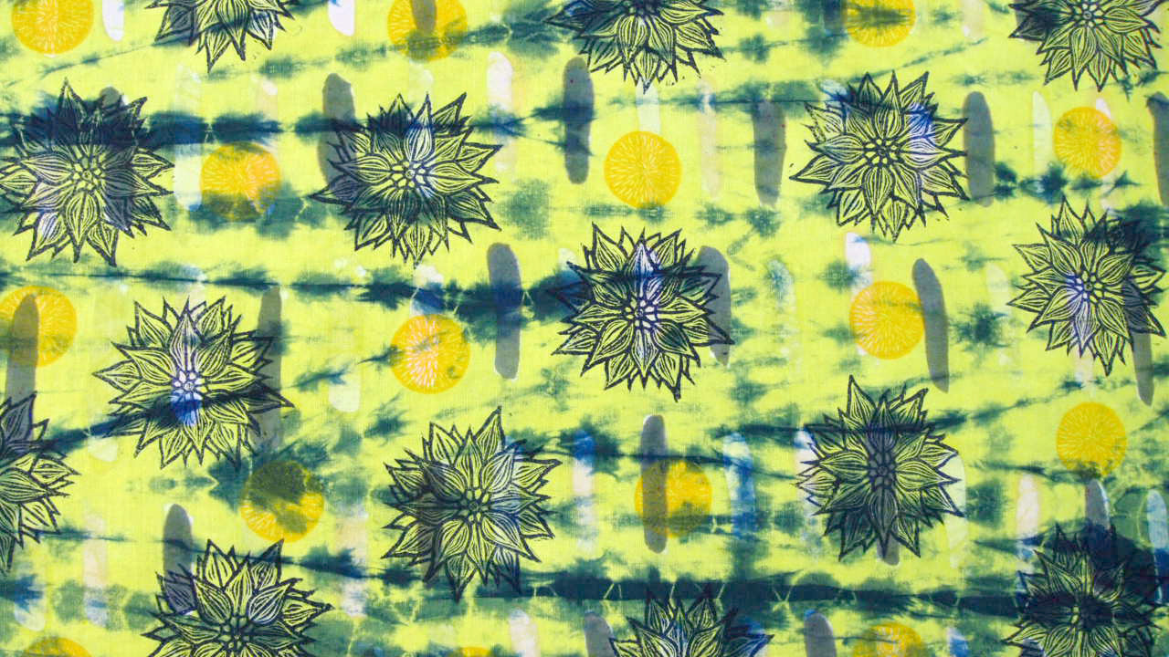 24" x 40" Chartreuse Multicolor and Blue Linen Table Runner with Wax and Ink Print