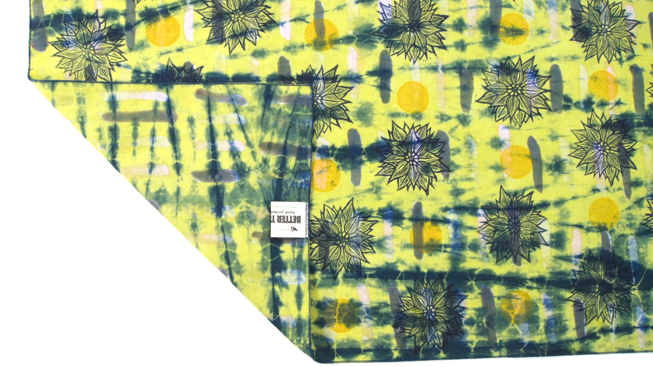 24" x 40" Chartreuse Multicolor and Blue Linen Table Runner with Wax and Ink Print