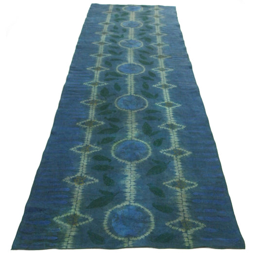 21" x 74.5" Green and Blue Linen Table Runner with Wax and Ink Print