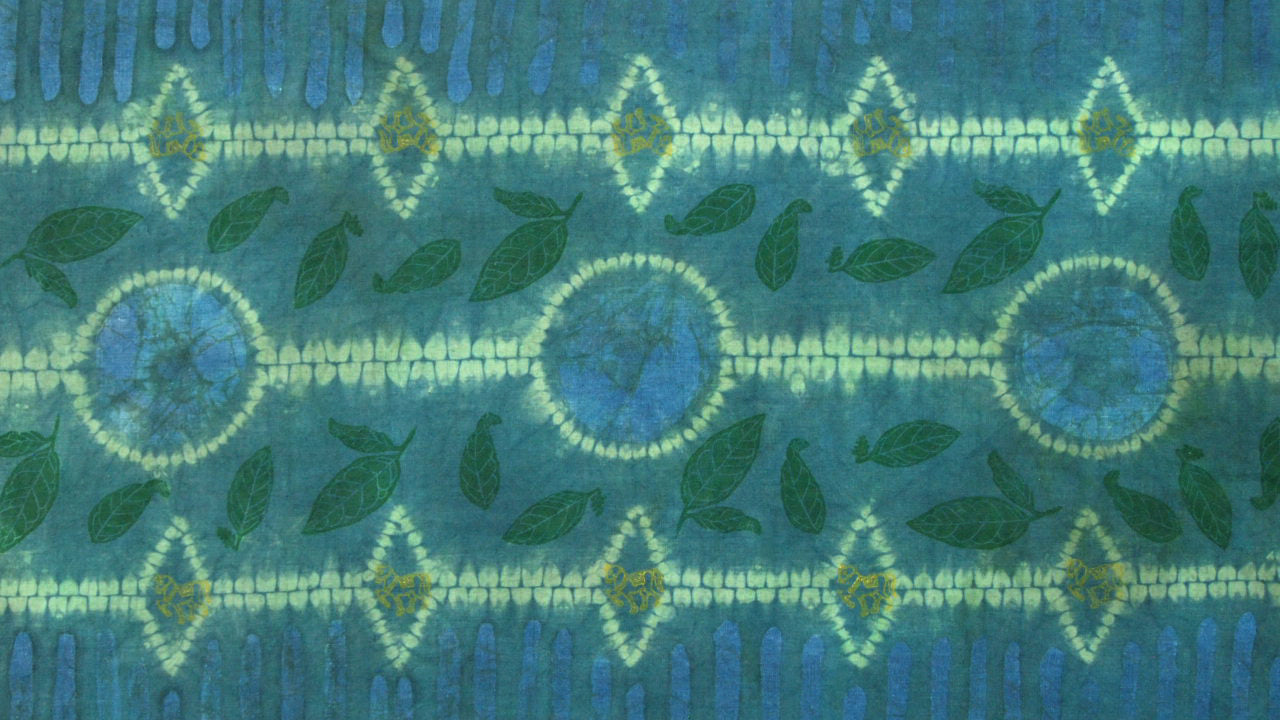 21" x 74.5" Green and Blue Linen Table Runner with Wax and Ink Print