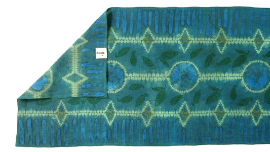 21" x 74.5" Green and Blue Linen Table Runner with Wax and Ink Print