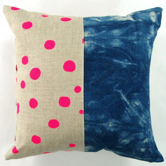 1/2 + 1/2 Hot Pink Polka Dot / Indigo Basketweave Heavy Linen Throws Pillow