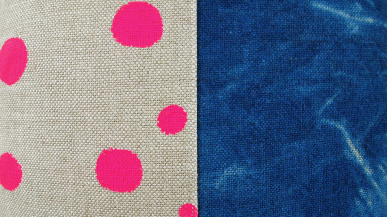 1/2 + 1/2 Hot Pink Polka Dot / Indigo Basketweave Heavy Linen Throws Pillow