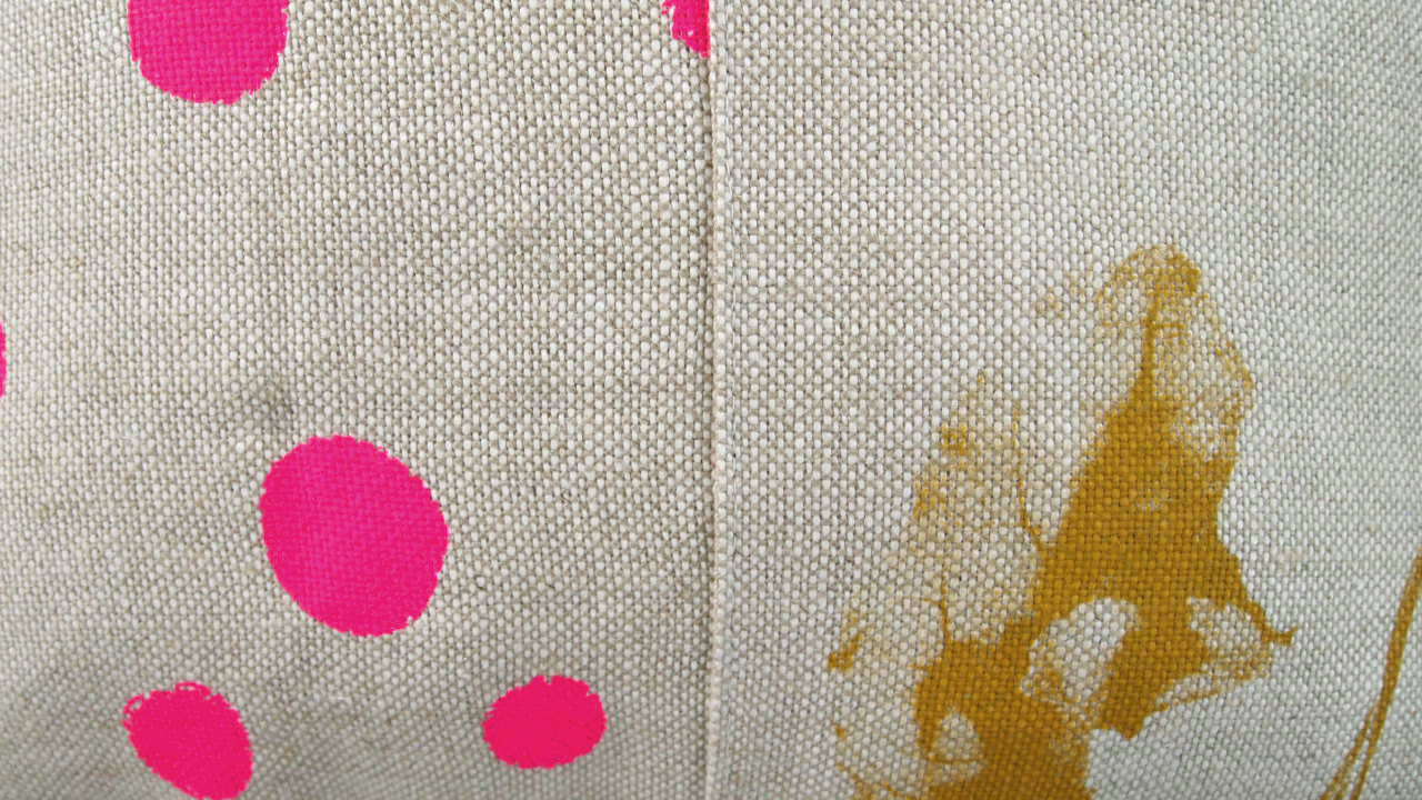 1/2 + 1/2 Ochre Yellow Beets / Hot Pink Polka Dot Basketweave Heavy Linen Throws Pillow